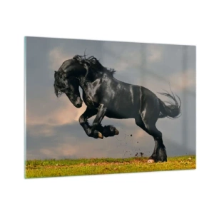 Obraz na szkle - Czarny koń w dynamicznym skoku na tle zachmurzonego nieba - 100x70cm - Piękny i wolny - Nowoczesna dekoracja ścienna do salonu, kuchni i sypialni ARTTOR