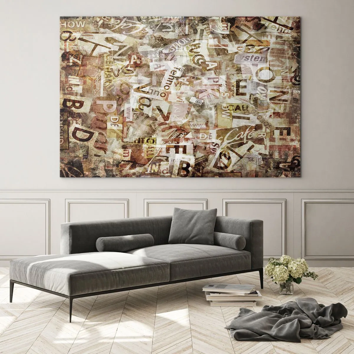 Obraz na szkle - Kolaż z liter i wycinków gazet w stylu vintage - 100x70cm - Zjednoliterzam paplomanię - Nowoczesna dekoracja ścienna do salonu, kuchni i sypialni ARTTOR