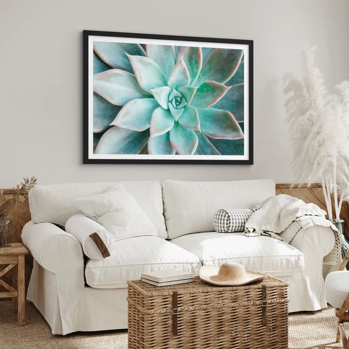 Plakat w czarnej ramie - Zbliżenie na zielony sukulent - 100x70cm - Serce pustyni - Nowoczesna dekoracja ścienna do salonu i sypialni ARTTOR