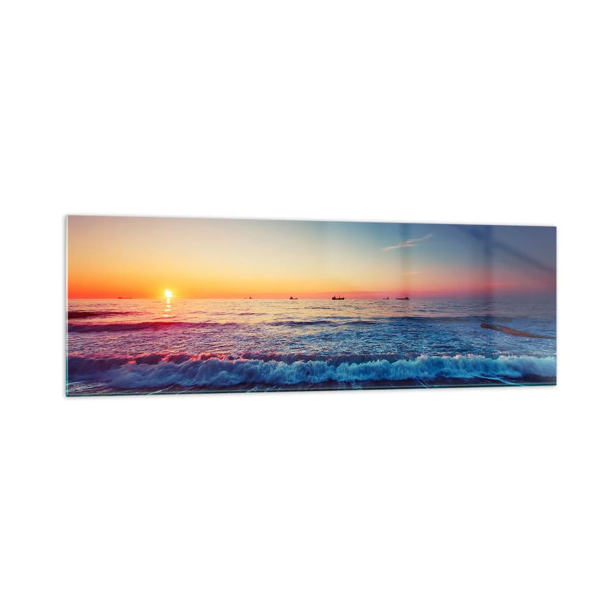 Obraz na szkle - Zachód słońca nad spokojnym morzem z falami - 160x50cm - A co za horyzontem? - Nowoczesna dekoracja ścienna do salonu i sypialni ARTTOR