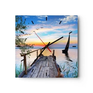 Zegar ścienny - Molo nad jeziorem z łodzią i zachodem słońca - 30x30cm - Dobry wieczór - Nowoczesna dekoracja ścienna do salonu i sypialni ARTTOR