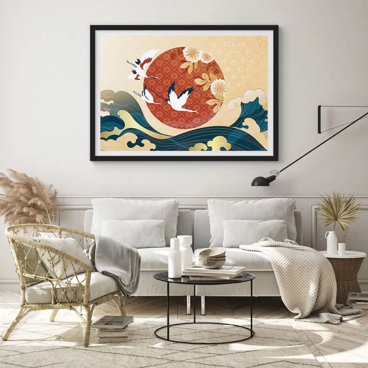 Plakat w czarnej ramie - Japońska kompozycja z żurawiami i falami - 70x50cm - Japońska baśń - Nowoczesna dekoracja ścienna do salonu i sypialni ARTTOR