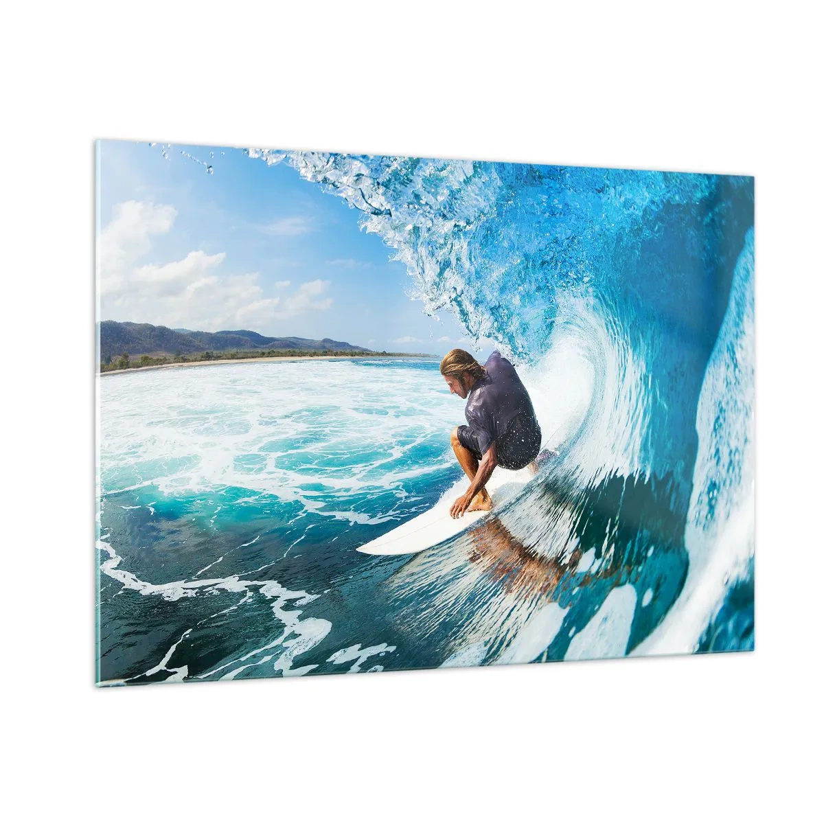 Obraz na szkle - Surfer w tunelu wodnym na tle oceanu - 100x70cm - Tańczący z falami - Nowoczesna dekoracja ścienna do salonu, kuchni i sypialni ARTTOR