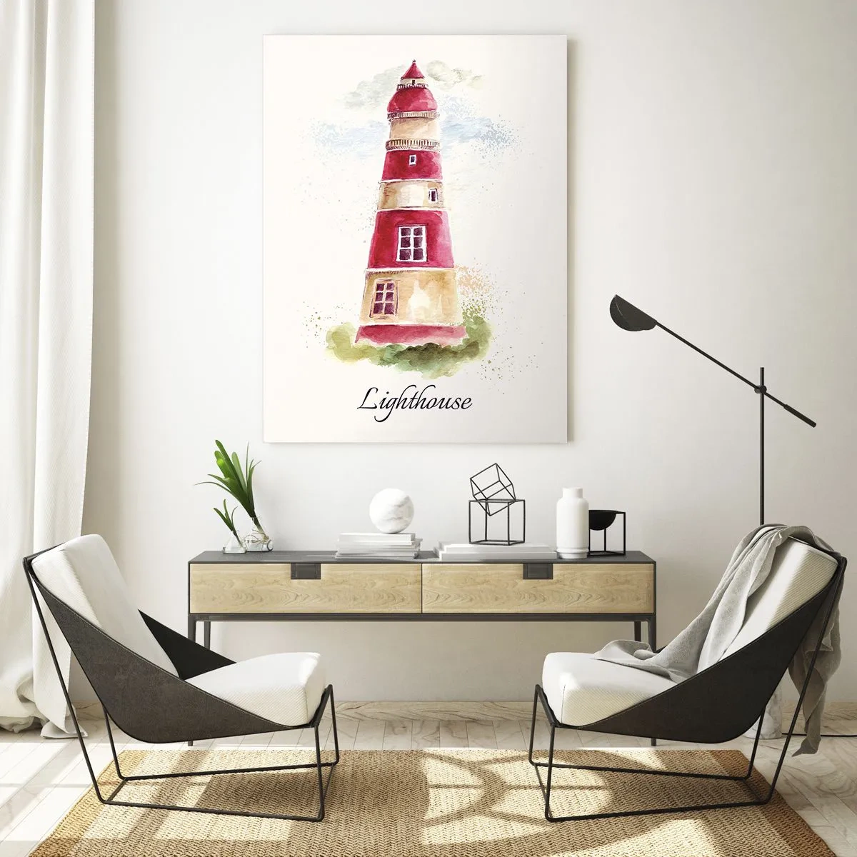 Obraz na szkle - Akwarelowa latarnia morska z napisem Lighthouse - 50x70cm - Wokół zawsze pogoda - Nowoczesna dekoracja ścienna do salonu, kuchni i sypialni ARTTOR