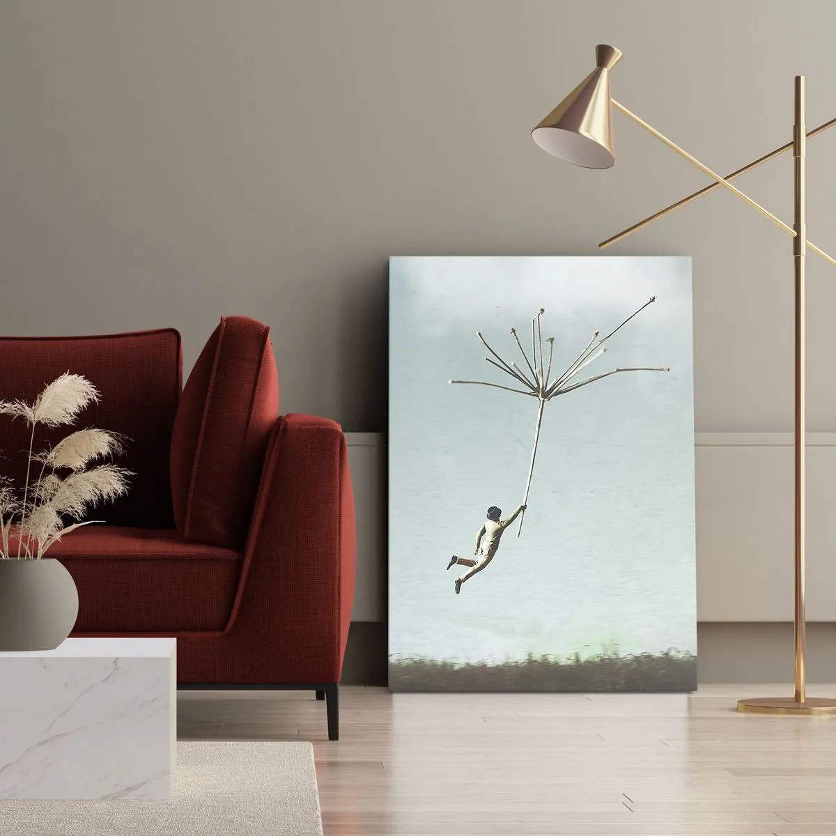 Obraz na płótnie - Osoba lecąca na nasionku dmuchawca w pastelowym niebie - 50x70cm - Latawce, dmuchawce, wiatr - Nowoczesna dekoracja ścienna do salonu, kuchni i sypialni ARTTOR