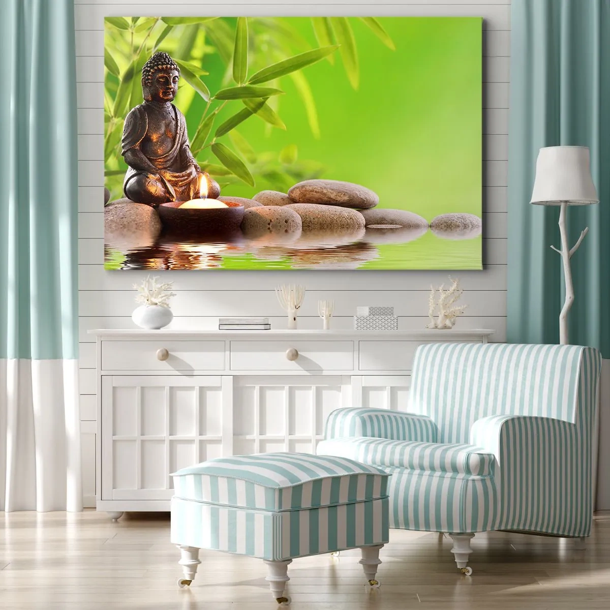 Obraz na płótnie - Figura Buddy z kamieniami i świeczką na tle bambusa - 70x50cm - Życie jest piękne - Nowoczesna dekoracja ścienna do salonu i sypialni ARTTOR