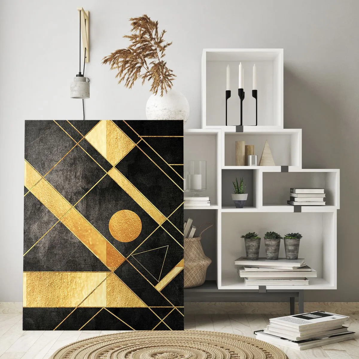 Obraz na szkle - Złote geometryczne wzory na czarnym tle - 50x70cm - Słońce pustyni - Nowoczesna dekoracja ścienna do salonu, kuchni i sypialni ARTTOR