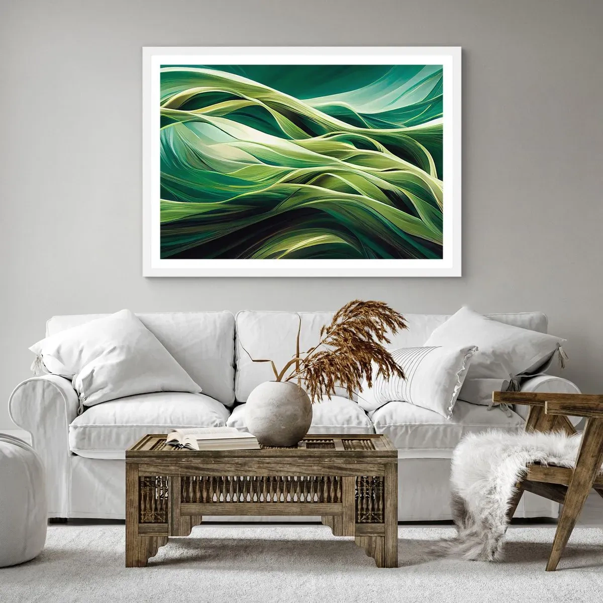 Plakat w białej ramie - Abstrakcyjna gra w zielone - 91x61 cm