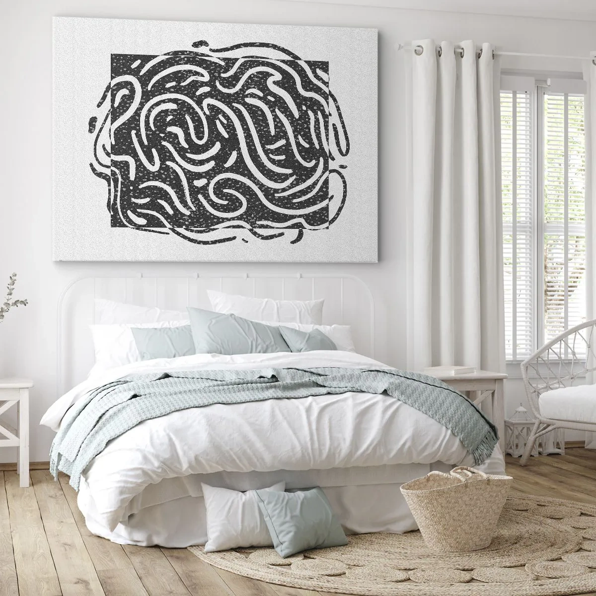 Obraz na płótnie - Czarno-biała abstrakcja w geometrycznym stylu - 70x50cm - Abstrakcja: taniec radości - Nowoczesna dekoracja ścienna do salonu i sypialni ARTTOR