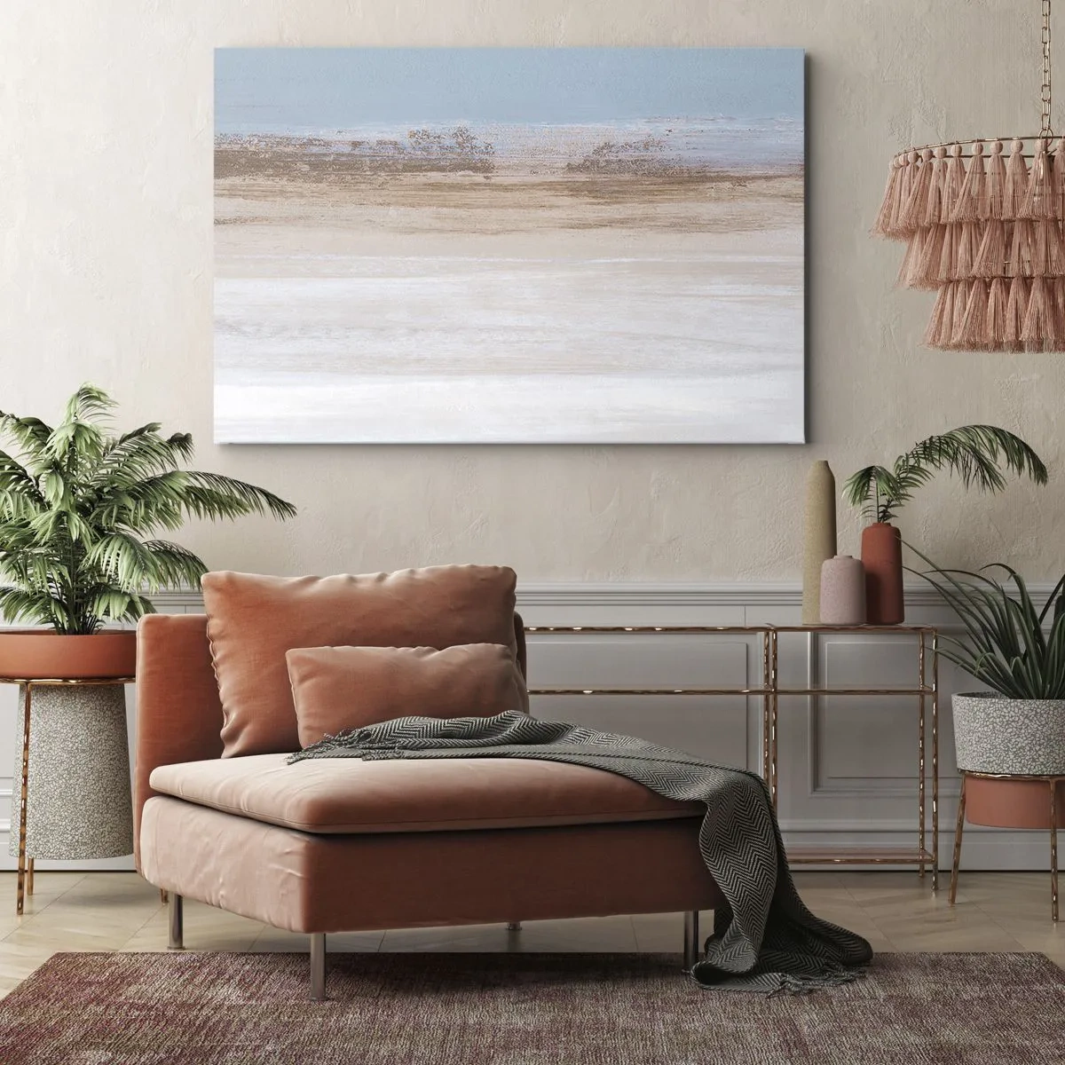 Obraz na płótnie - Subtelny pejzaż w pastelowych odcieniach błękitu i beżu - 70x50cm - Niejednoznaczny pejzaż - Nowoczesna dekoracja ścienna do salonu i sypialni ARTTOR