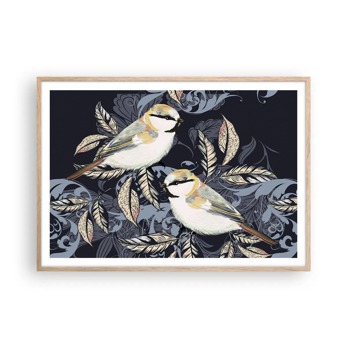 Plakat w ramie jasny dąb - Żółto-błękitny trel - 100x70 cm