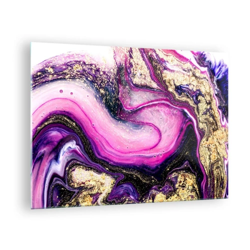 Obraz na szkle - Abstrakcyjna kompozycja w odcieniach fioletu i złota - 70x50cm - Chwila za kulisami - Nowoczesna dekoracja ścienna do salonu i sypialni ARTTOR