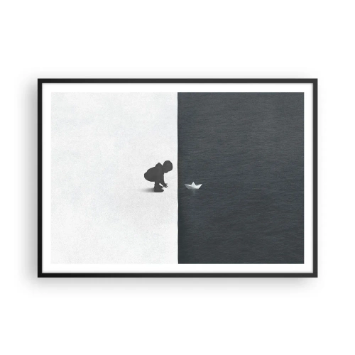 Plakat w czarnej ramie - Postać dziecka z papierową łódką na tle kontrastowych połówek - 100x70cm - Wielka wyprawa - Nowoczesna dekoracja ścienna do salonu i sypialni ARTTOR
