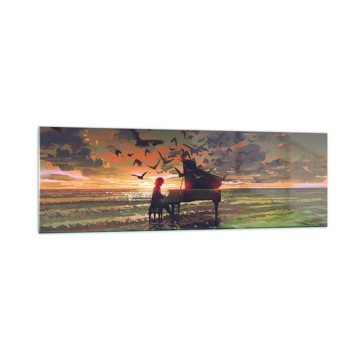 Obraz na szkle - Pianino na brzegu morza przy zachodzie słońca z ptakami - 160x50cm - Koncert na fortepian i fale - Nowoczesna dekoracja ścienna do salonu i sypialni ARTTOR