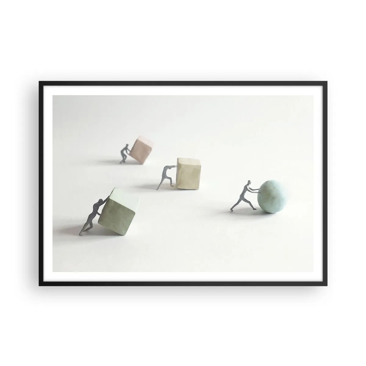 Plakat w czarnej ramie - Miniaturowe postacie pchające kształty na jasnym tle - 100x70cm - Samo życie - Nowoczesna dekoracja ścienna do salonu i sypialni ARTTOR