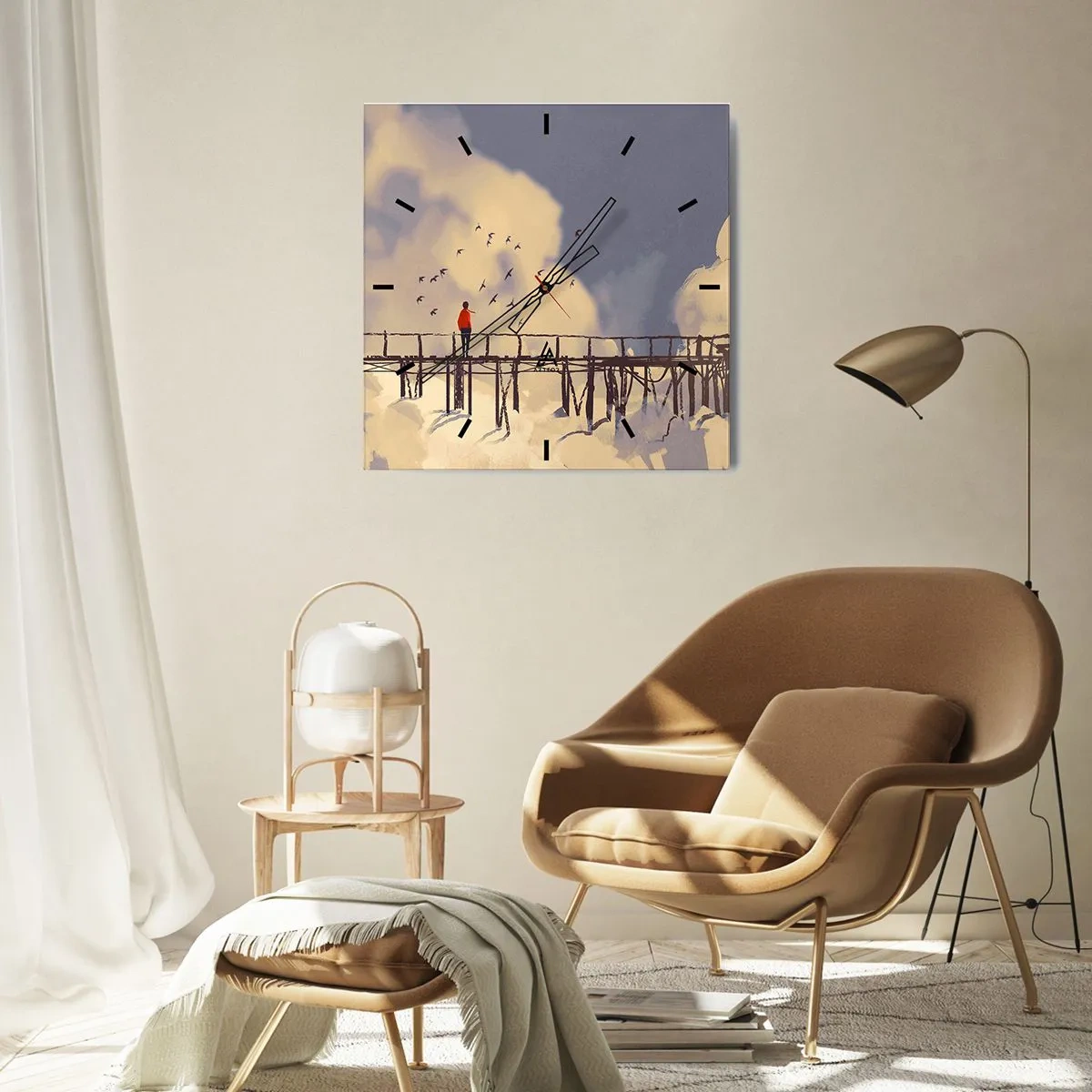 Zegar ścienny - Postać na moście wśród chmur z ptakami na tle nieba - 30x30cm - Niebieska tęsknota - Nowoczesna dekoracja ścienna do salonu i sypialni ARTTOR