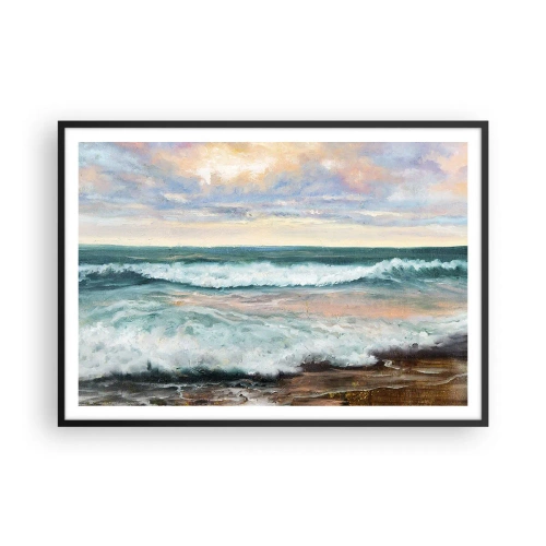 Plakat w czarnej ramie - Morskie fale na tle zachmurzonego nieba o zachodzie słońca - 100x70cm - Tutaj wygładzisz duszę - Nowoczesna dekoracja ścienna do salonu i sypialni ARTTOR