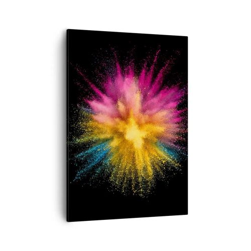 Obraz na płótnie - Eksplozja kolorowego proszku w odcieniach różu, żółci i błękitu na czarnym tle - 50x70cm - Narodziny barw  - Nowoczesna dekoracja ścienna do salonu, kuchni i sypialni ARTTOR