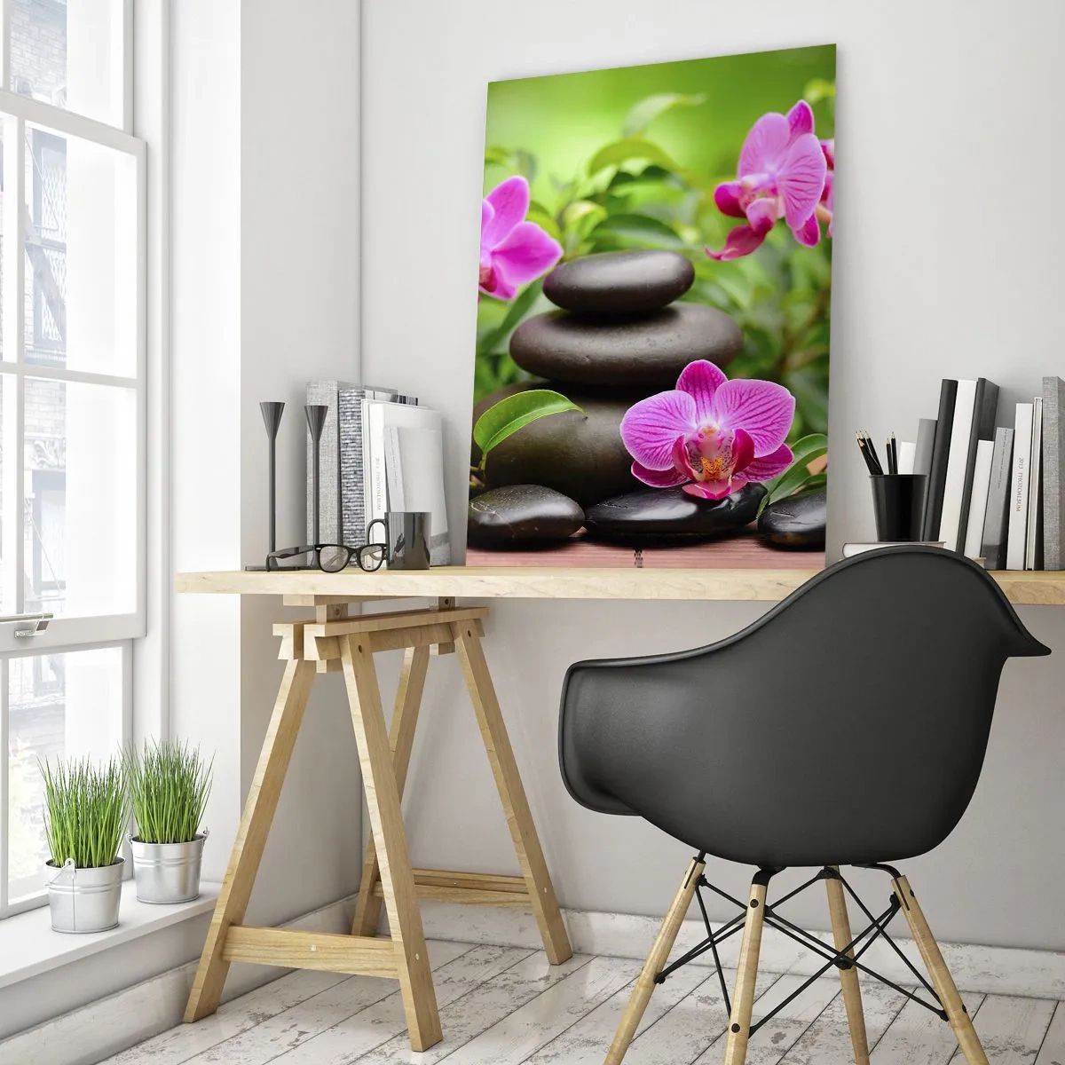 Obraz na szkle - Różowe storczyki i czarne kamienie w spokojnym otoczeniu - 50x70cm - Piramida spokoju - Nowoczesna dekoracja ścienna do salonu, kuchni i sypialni ARTTOR