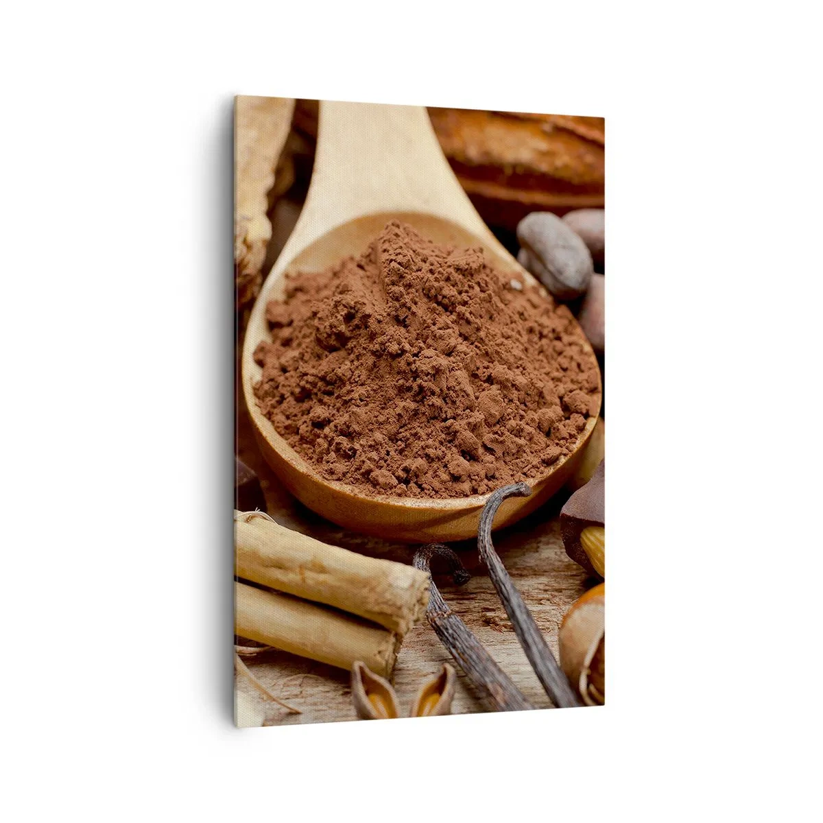 Obraz na płótnie - Łyżka kakao i składniki czekoladowe w rustykalnej aranżacji - 80x120cm - Najlepsza na smutki - Nowoczesna dekoracja ścienna do salonu i sypialni ARTTOR