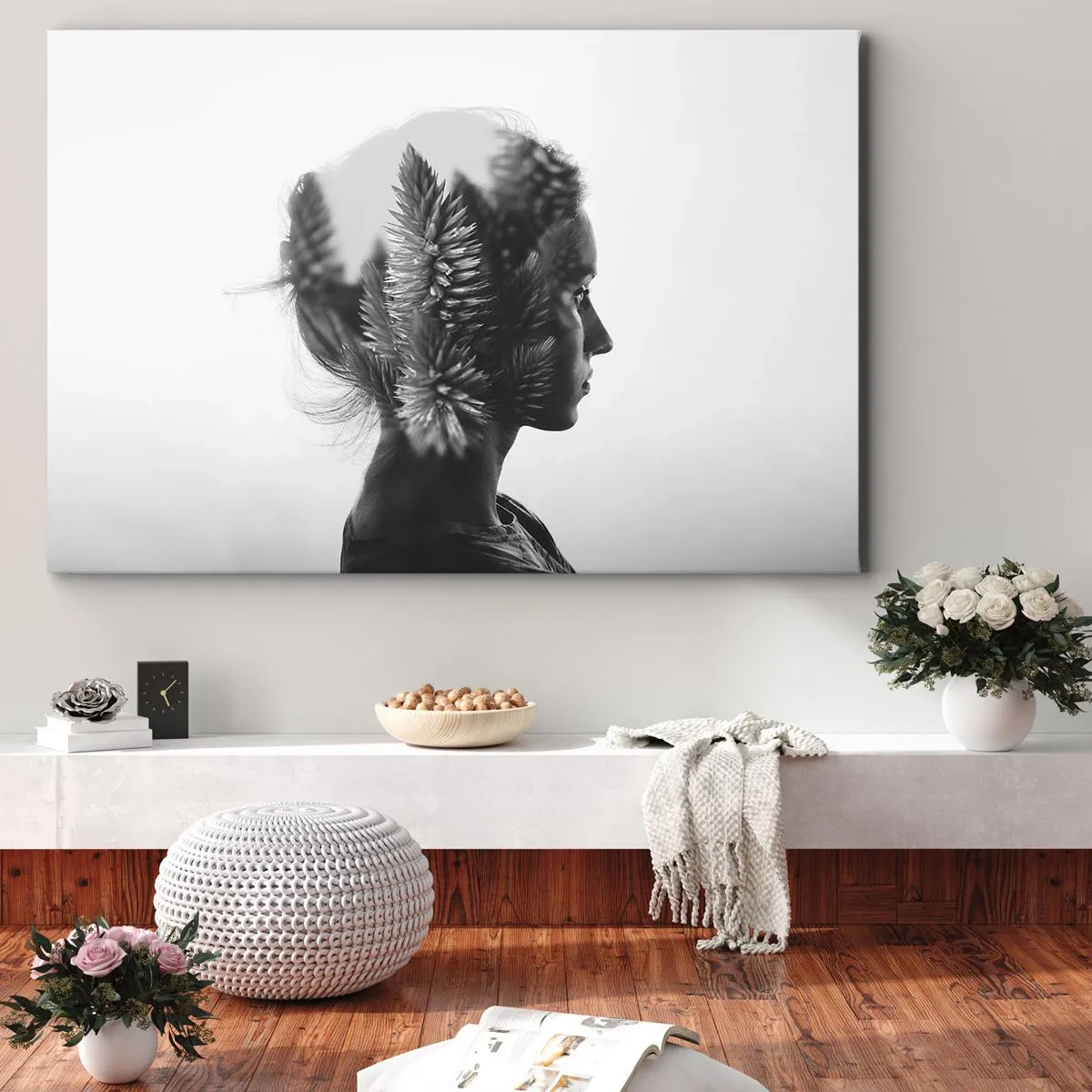 Obraz na płótnie - Subtelny portret z elementami natury - 120x80cm - Pani sosnowego lasu - Nowoczesna dekoracja ścienna do salonu, kuchni i sypialni ARTTOR
