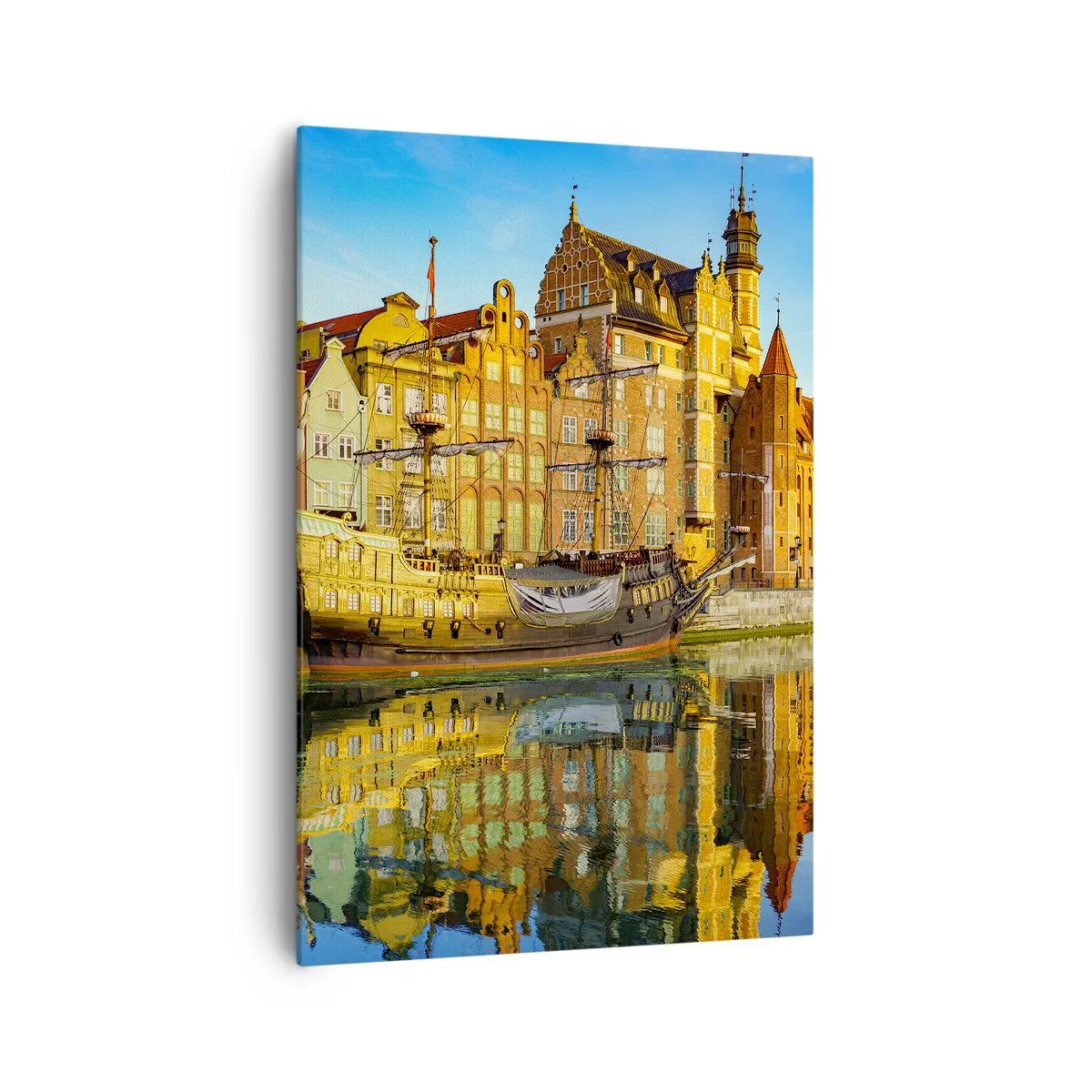 Obraz na płótnie - Malowniczy widok na stare miasto z żaglowcem i wodą - 70x100cm - Lustrzane odbicie przeszłości - Nowoczesna dekoracja ścienna do salonu i sypialni ARTTOR