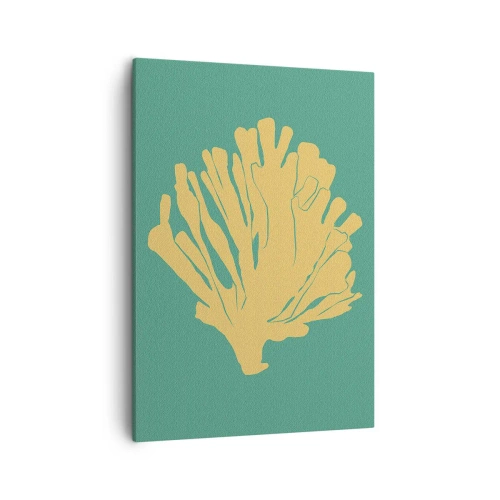 Obraz na płótnie - Minimalistyczna ilustracja koralowca w odcieniach złota na zielonym tle - 50x70cm - Krzak podwodnego lasu - Nowoczesna dekoracja ścienna do salonu, kuchni i sypialni ARTTOR