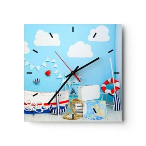 Zegar ścienny - Marynistyczna dekoracja z łódką i akcesoriami na niebieskim tle - 30x30cm - Dziecięca tęsknota do przygody - Nowoczesna dekoracja ścienna do salonu i sypialni ARTTOR