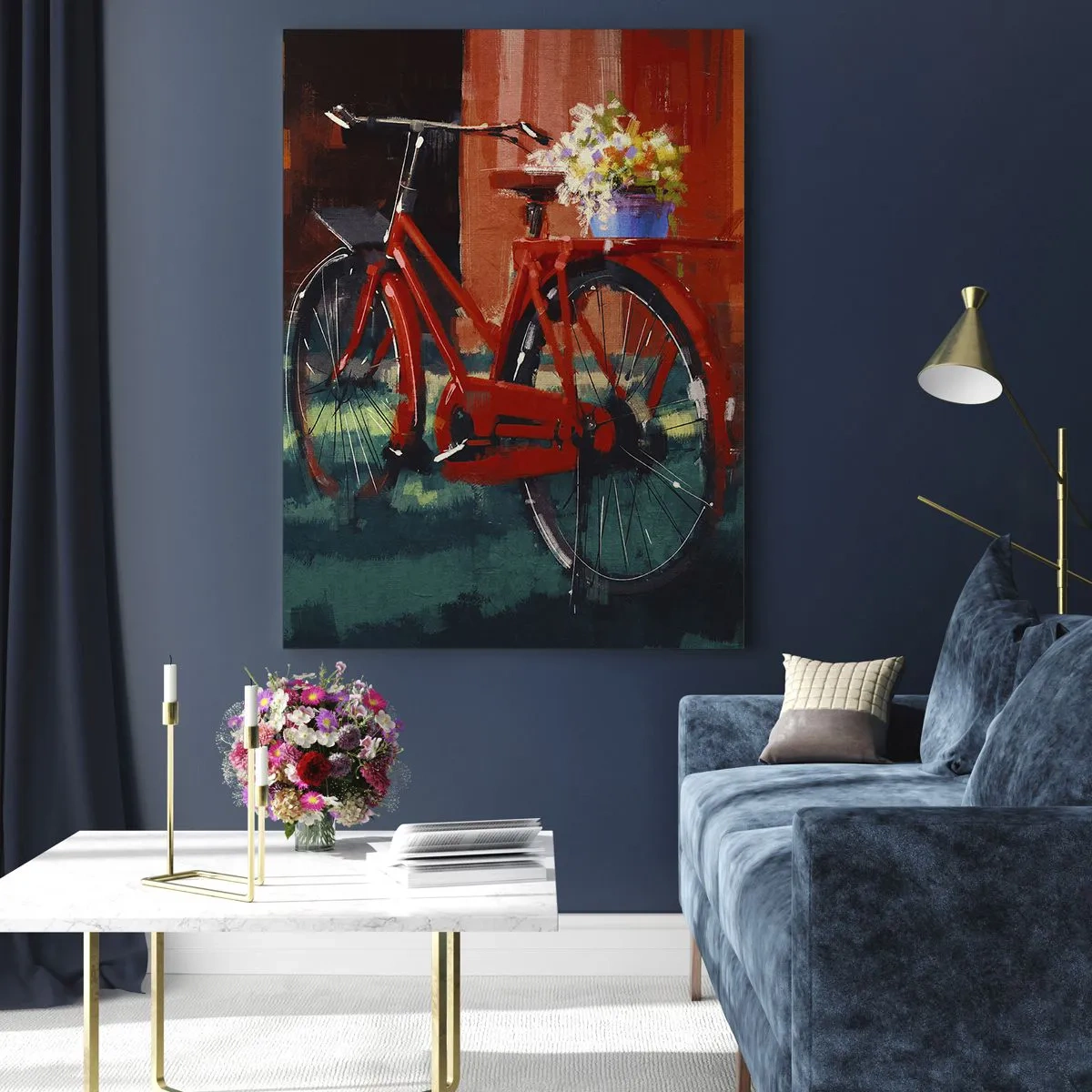 Obraz na szkle - Czerwony rower z kwiatami na tle czerwonego budynku - 50x70cm - I want to ride my bicycle - Nowoczesna dekoracja ścienna do salonu, kuchni i sypialni ARTTOR