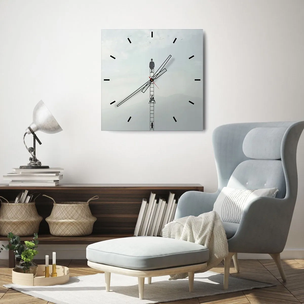 Zegar ścienny - Mężczyzna na drabinie wznoszącej się w niebo - 30x30cm - Wznieś się ponadto - Nowoczesna dekoracja ścienna do salonu i sypialni ARTTOR