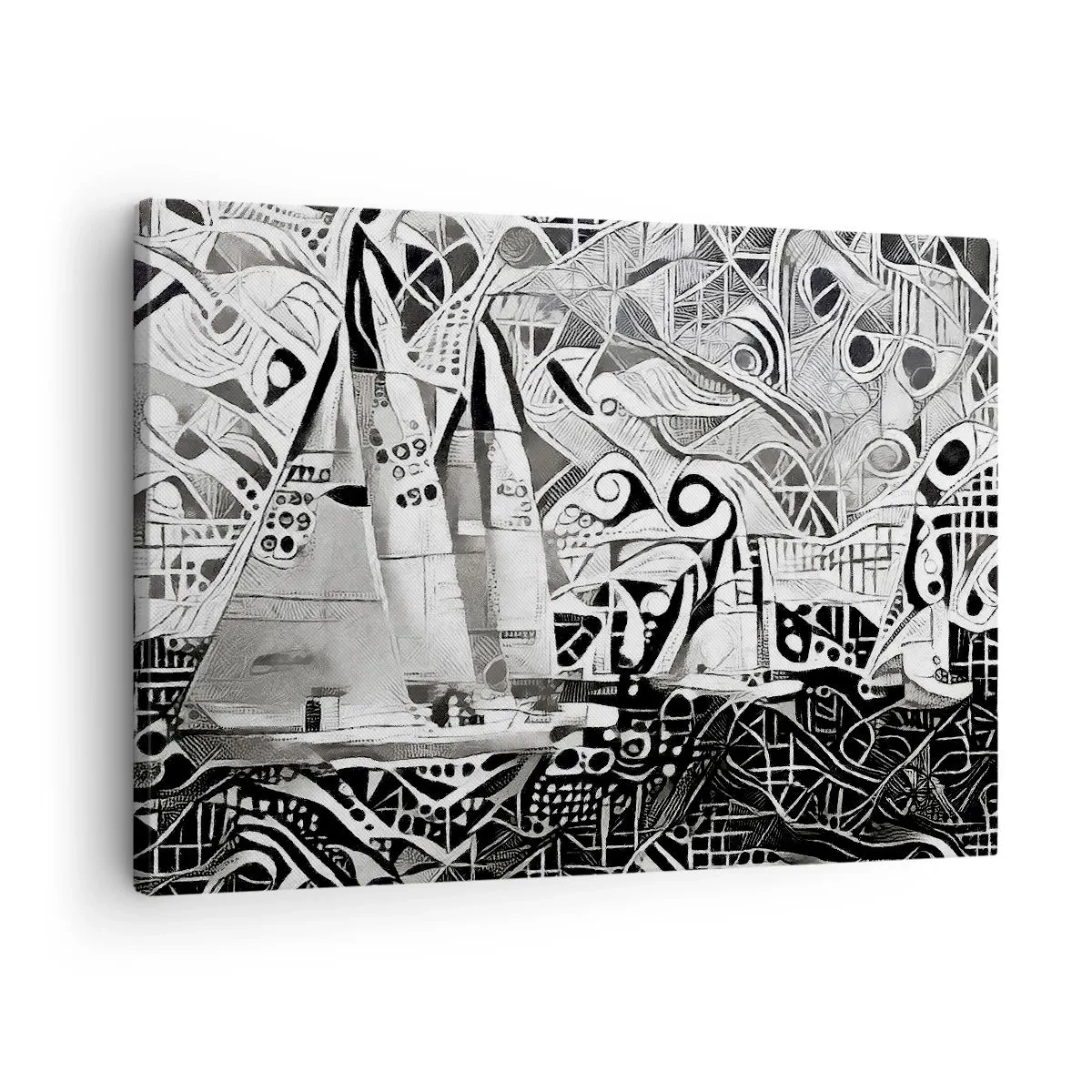 Obraz na płótnie - Abstrakcyjne żaglówki w monochromatycznej kompozycji - 70x50cm - Między falami - Nowoczesna dekoracja ścienna do salonu i sypialni ARTTOR