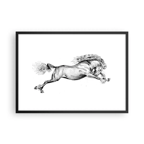 Plakat w czarnej ramie - Szkic konia w dynamicznym galopie na białym tle - 70x50cm - Zatrzymany w galopie - Nowoczesna dekoracja ścienna do salonu i sypialni ARTTOR