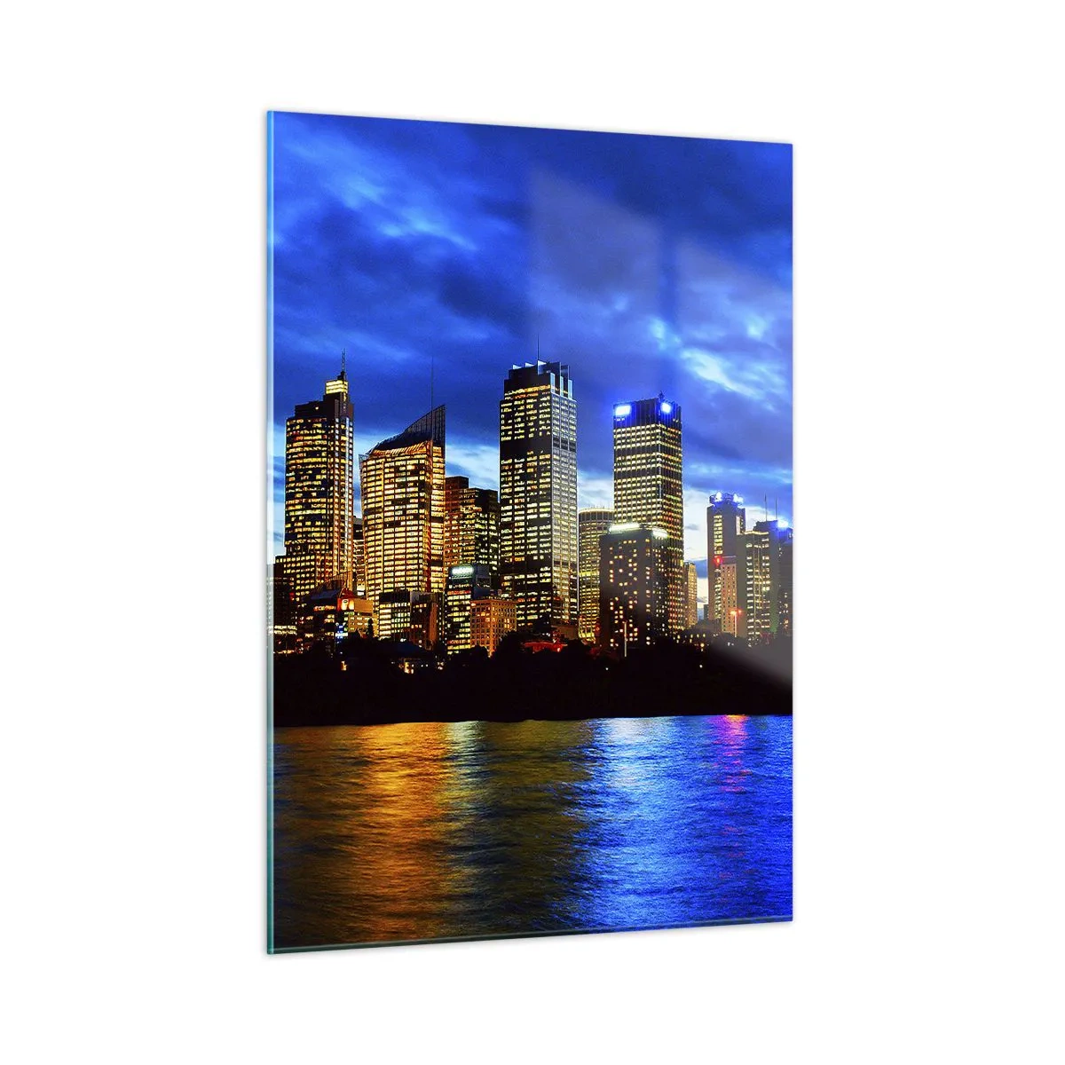 Obraz na szkle - Panorama nocnego miasta odbijająca się w wodzie - 50x70cm - Noc świateł i barw - Nowoczesna dekoracja ścienna do salonu, kuchni i sypialni ARTTOR