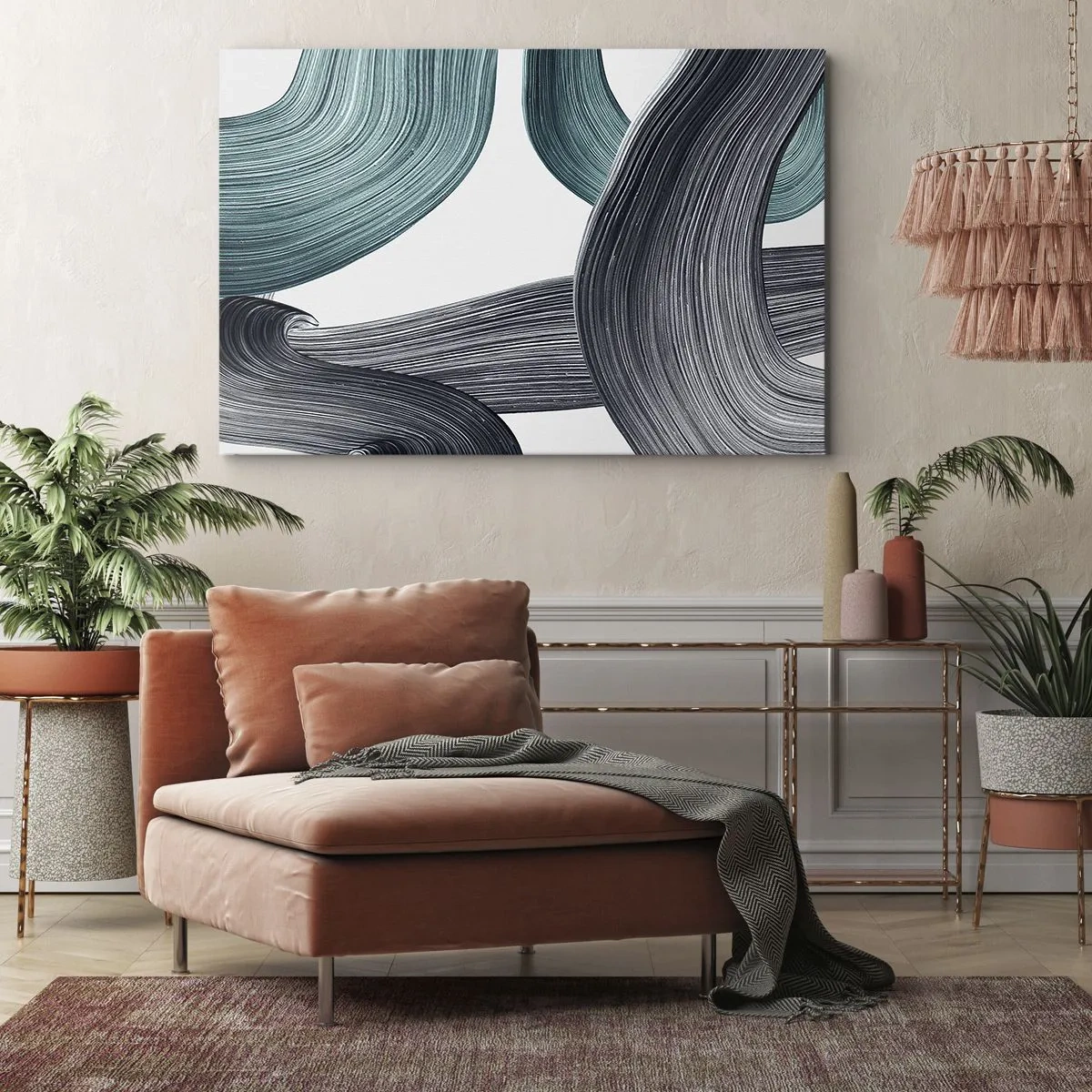 Obraz na płótnie - Płynne abstrakcyjne linie w odcieniach zieleni i szarości - 70x50cm - Szmaragdowe i czarne szlaki - Nowoczesna dekoracja ścienna do salonu i sypialni ARTTOR