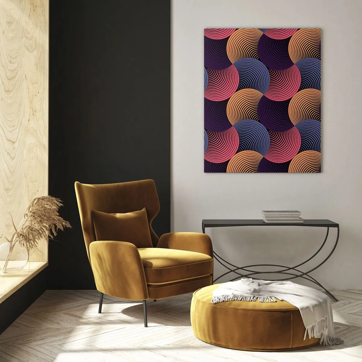 Obraz na szkle - Geometryczne kręgi w odcieniach różu, fioletu i złota - 70x100cm - W kolistym rytmie - Nowoczesna dekoracja ścienna do salonu i sypialni ARTTOR