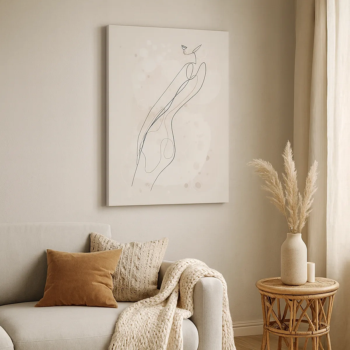 Obraz na płótnie - Minimalistyczna linia sylwetki kobiety na jasnym tle z abstrakcyjnymi elementami - 50x70cm - Pobłądzić spojrzeniem - Nowoczesna dekoracja ścienna do salonu, kuchni i sypialni ARTTOR