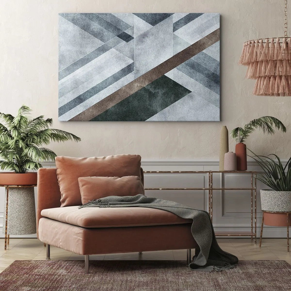 Obraz na płótnie - Geometryczne formy w chłodnych odcieniach błękitu i brązu - 70x50cm - Wyszukana elegancja geometrii - Nowoczesna dekoracja ścienna do salonu i sypialni ARTTOR