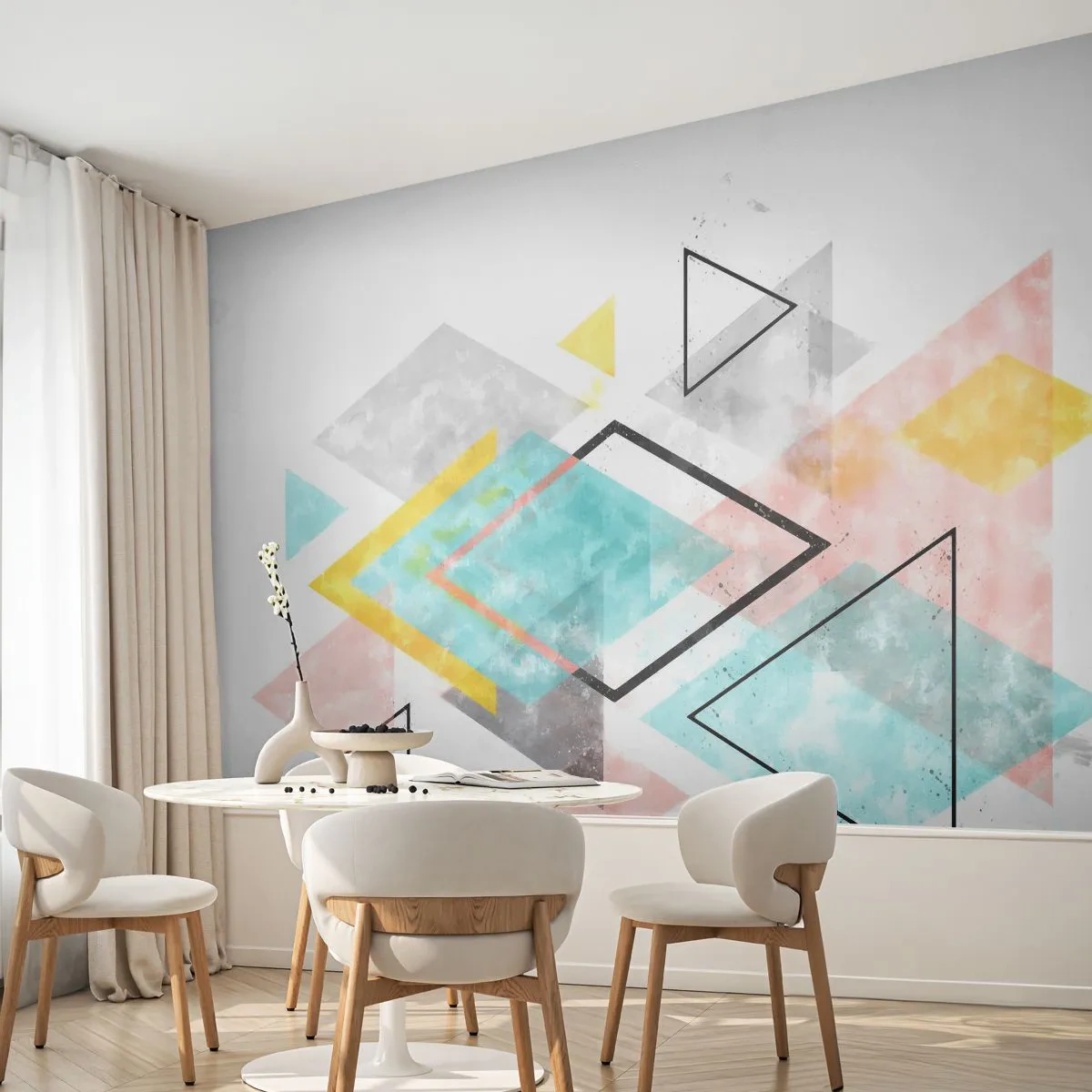 Fototapeta Premium Sand - Kolorowe geometryczne figury na białym tle - 100x70cm - Igraszka geometryczna - Nowoczesna dekoracja ścienna do salonu, kuchni i sypialni ARTTOR