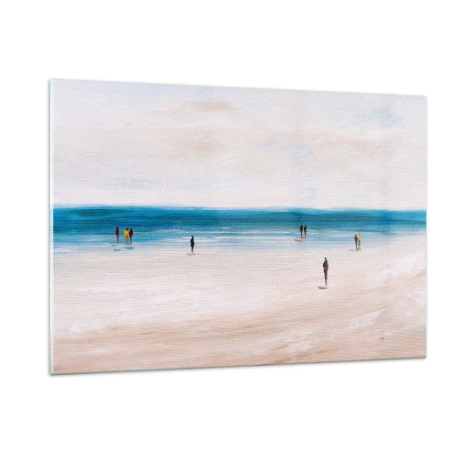 Obraz na szkle - Spokojna plaża z sylwetkami ludzi spacerujących przy linii morza - 120x80cm - Naturalna potrzeba - Nowoczesna dekoracja ścienna do salonu, kuchni i sypialni ARTTOR
