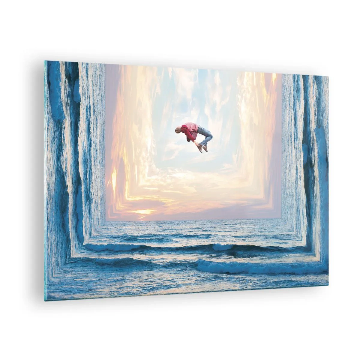Obraz na szkle - Mężczyzna wykonujący skok nad morzem w surrealistycznej ramie - 70x50cm - Do innego wymiaru - Nowoczesna dekoracja ścienna do salonu i sypialni ARTTOR
