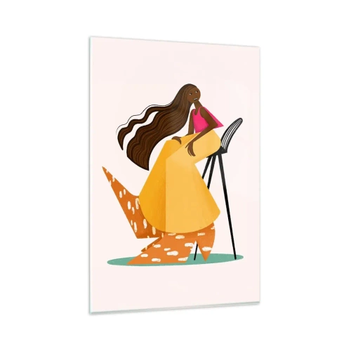 Obraz na szkle - Stylizowana postać kobiety w kolorowej sukni siedząca na krześle - 80x120cm - Moda to też zabawa - Nowoczesna dekoracja ścienna do salonu i sypialni ARTTOR