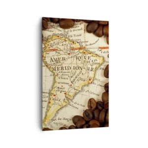 Obraz na płótnie - Mapa Ameryki Południowej otoczona ziarnami kawy - 80x120cm - Skąd pochodzi najlepsza kawa? - Nowoczesna dekoracja ścienna do salonu i sypialni ARTTOR