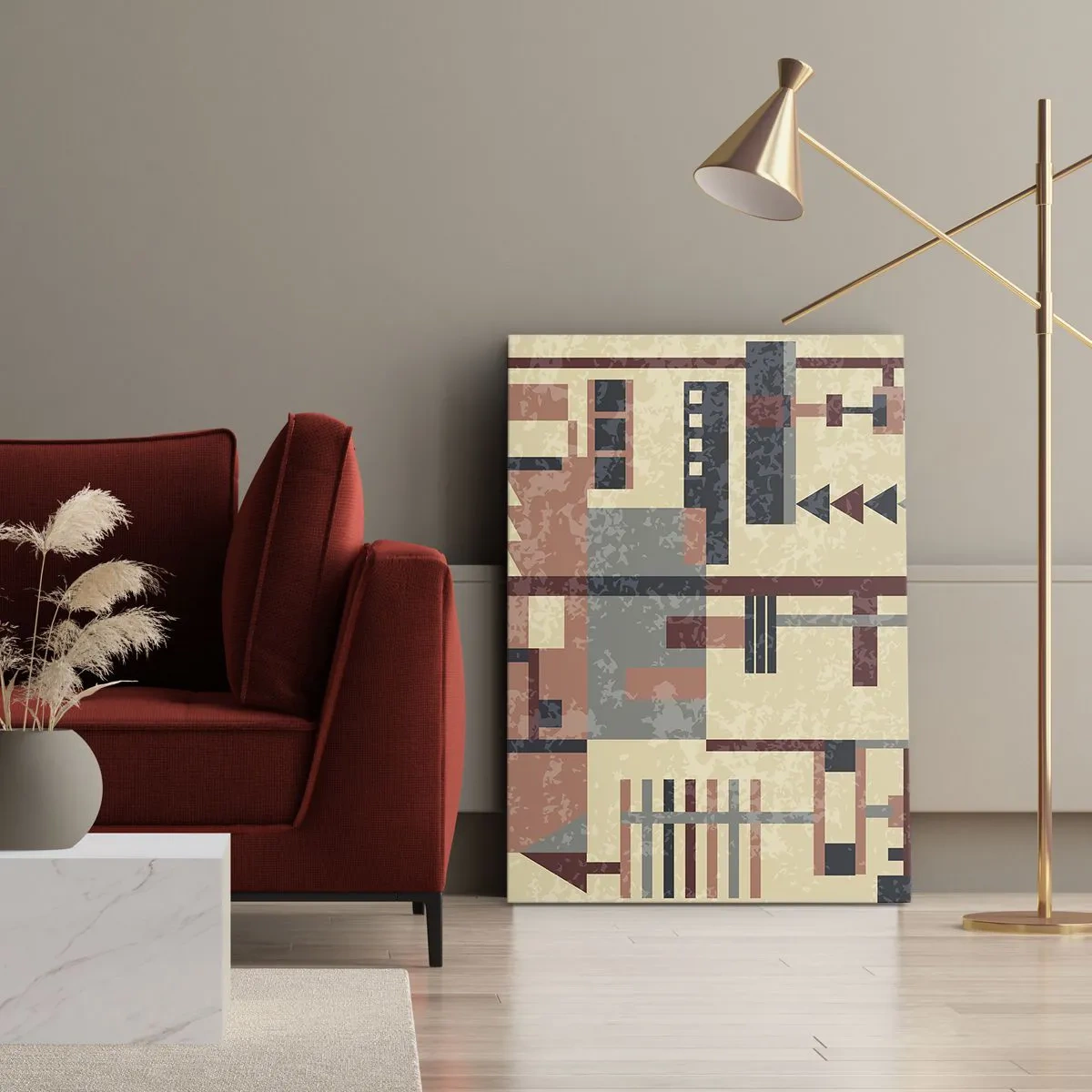 Obraz na płótnie - Geometryczna abstrakcja w odcieniach beżu, brązu i szarości o minimalistycznym stylu - 50x70cm - Kombinacja pionów i poziomów - Nowoczesna dekoracja ścienna do salonu, kuchni i sypialni ARTTOR