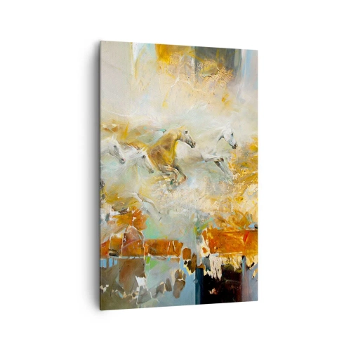 Obraz na płótnie - Artystyczne konie w dynamicznej scenerii pełnej kolorów - 80x120cm - Galopem przez światło - Nowoczesna dekoracja ścienna do salonu i sypialni ARTTOR