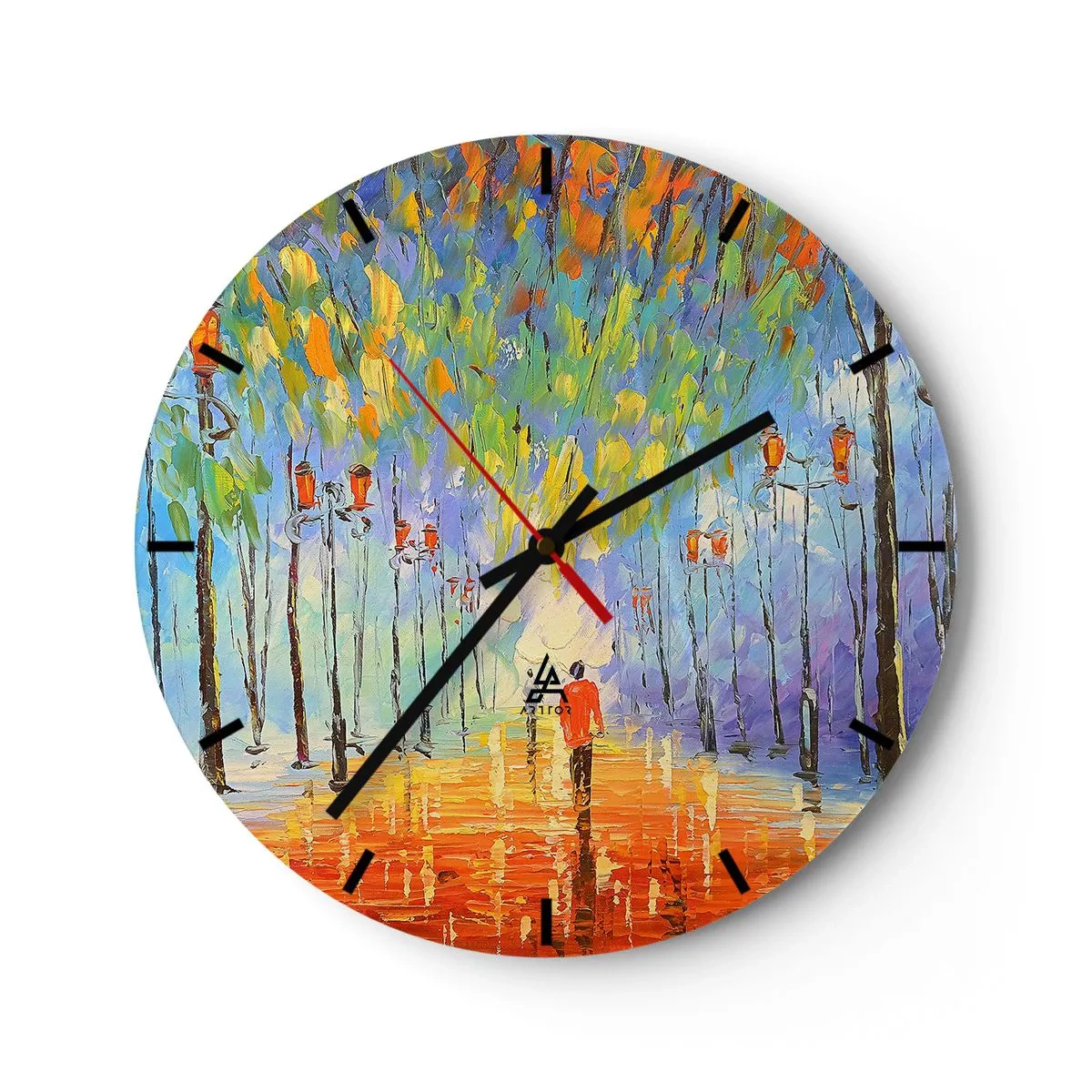 Zegar ścienny - Kolorowa aleja z drzewami i osobą spacerującą w oddali - 30x30cm - Nocna piosenka deszczu - Nowoczesna dekoracja ścienna do salonu, kuchni i sypialni ARTTOR