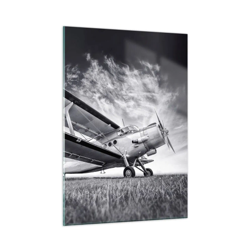 Obraz na szkle - Czarno-biała fotografia samolotu na tle dramatycznego nieba - 50x70cm - Skrzydlaty wędrowiec - Nowoczesna dekoracja ścienna do salonu, kuchni i sypialni ARTTOR