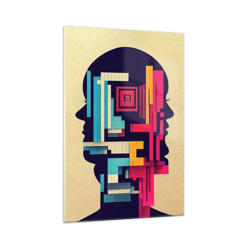 Obraz na szkle - Abstrakcyjna ilustracja dwóch ludzkich sylwetek w geometrycznym stylu - 70x100cm - Nowe więzi - Nowoczesna dekoracja ścienna do salonu i sypialni ARTTOR