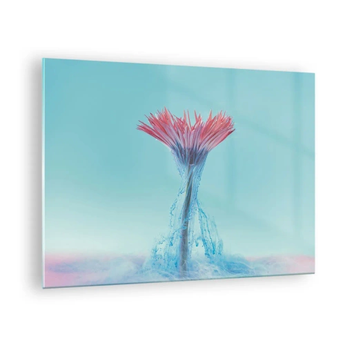 Obraz na szkle - Fantazyjny kwiat zanurzony w błękitnej i różowej mgiełce - 70x50cm - W ożywczym objęciu - Nowoczesna dekoracja ścienna do salonu i sypialni ARTTOR