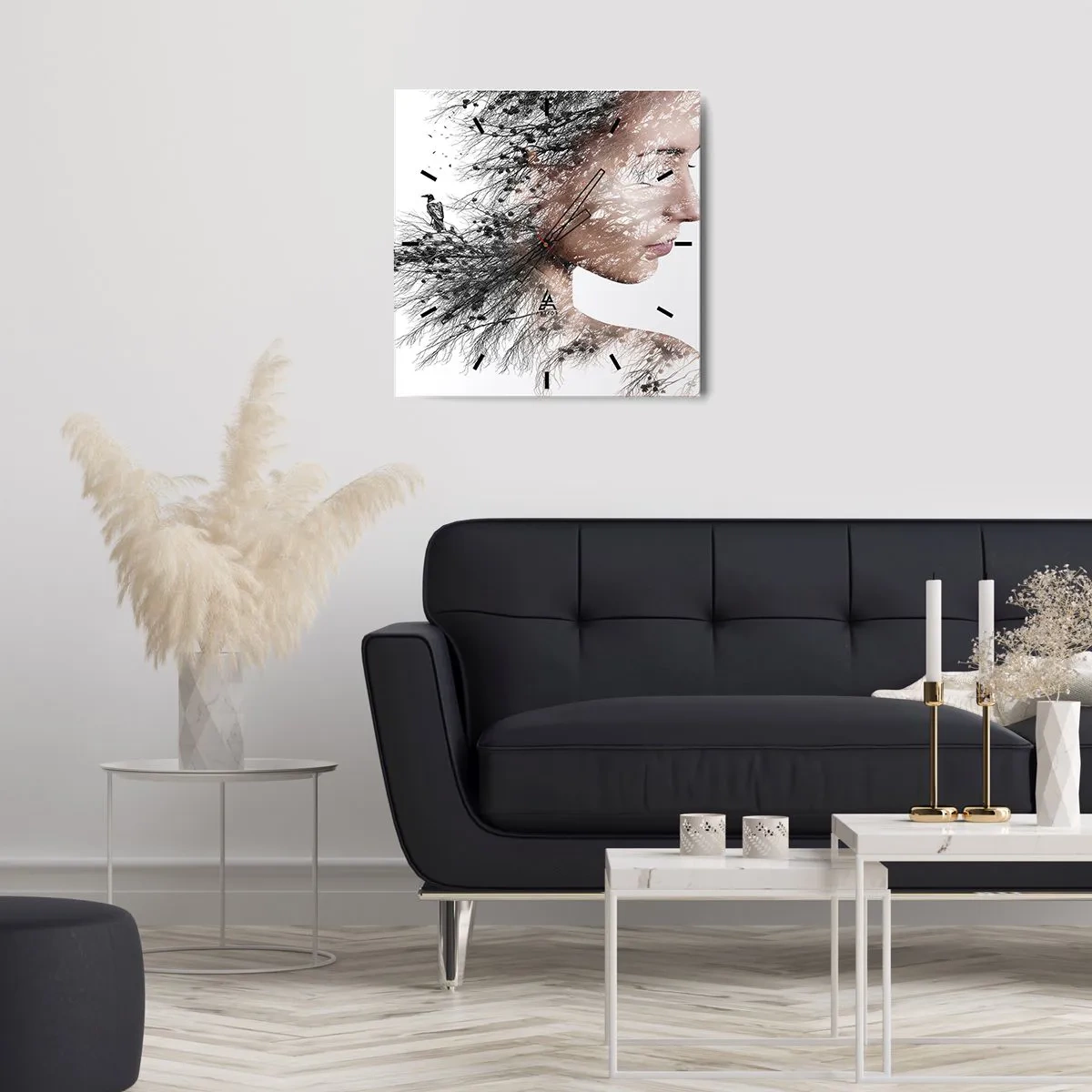 Zegar ścienny - Sylwetka kobiety z motywem gałęzi i ptaka w tle - 30x30cm - Duch lasu - Nowoczesna dekoracja ścienna do salonu i sypialni ARTTOR