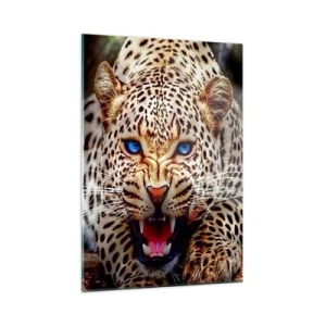Obraz na szkle - Groźny lampart o niebieskich oczach w dzikiej naturze - 50x70cm - Złość piękności nie szkodzi - Nowoczesna dekoracja ścienna do salonu, kuchni i sypialni ARTTOR